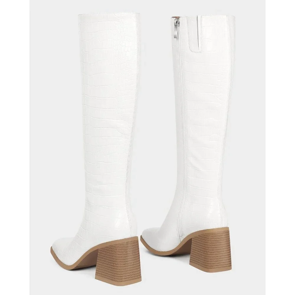 Women Crocodile White Polyurethane Knee High Square Toe Block Heel Tall Boots
